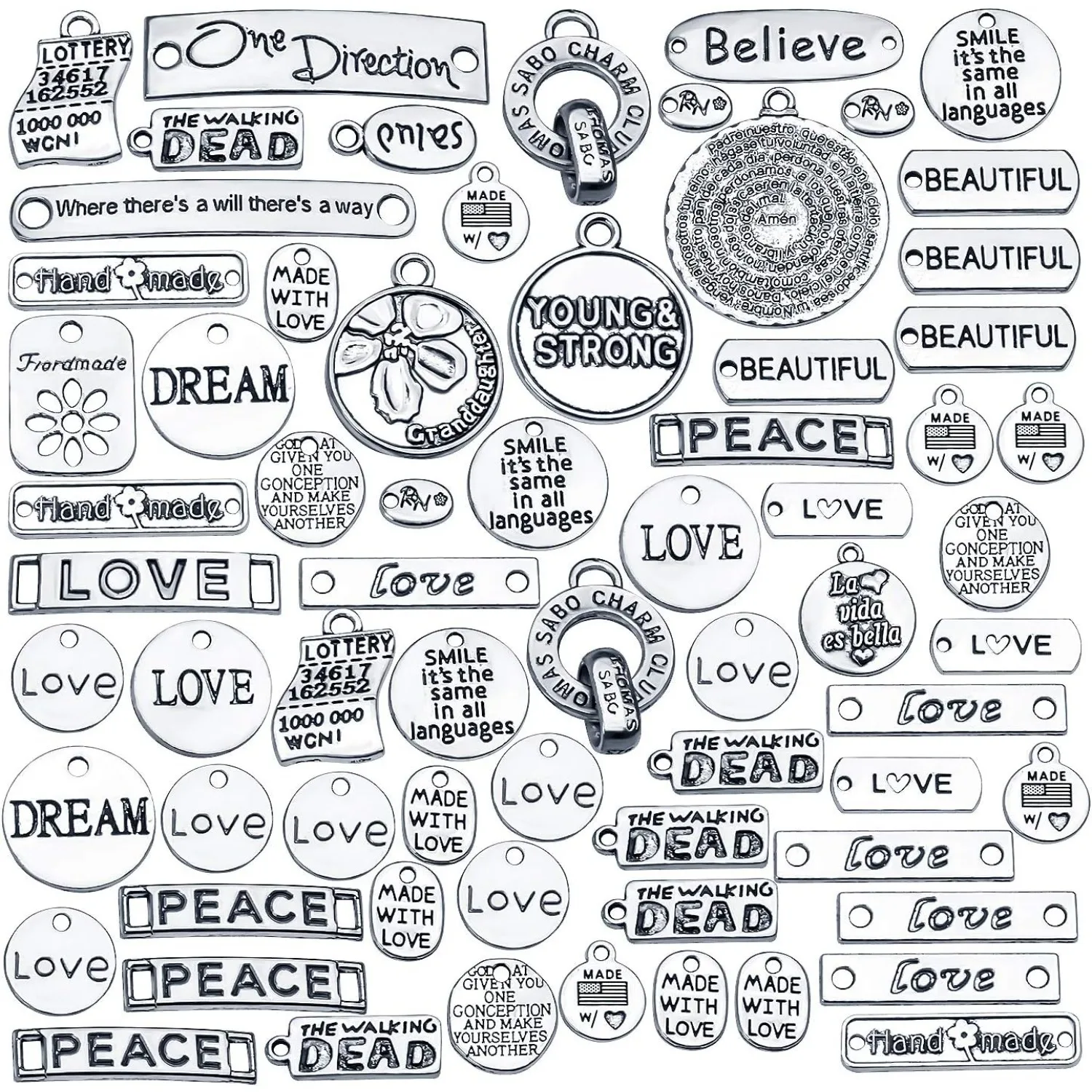 

100g (40-60pcs) Lettering Saying Pendants Engraved Motivational Charms Beads for Crafting, Jewelry Making for DIY Necklace