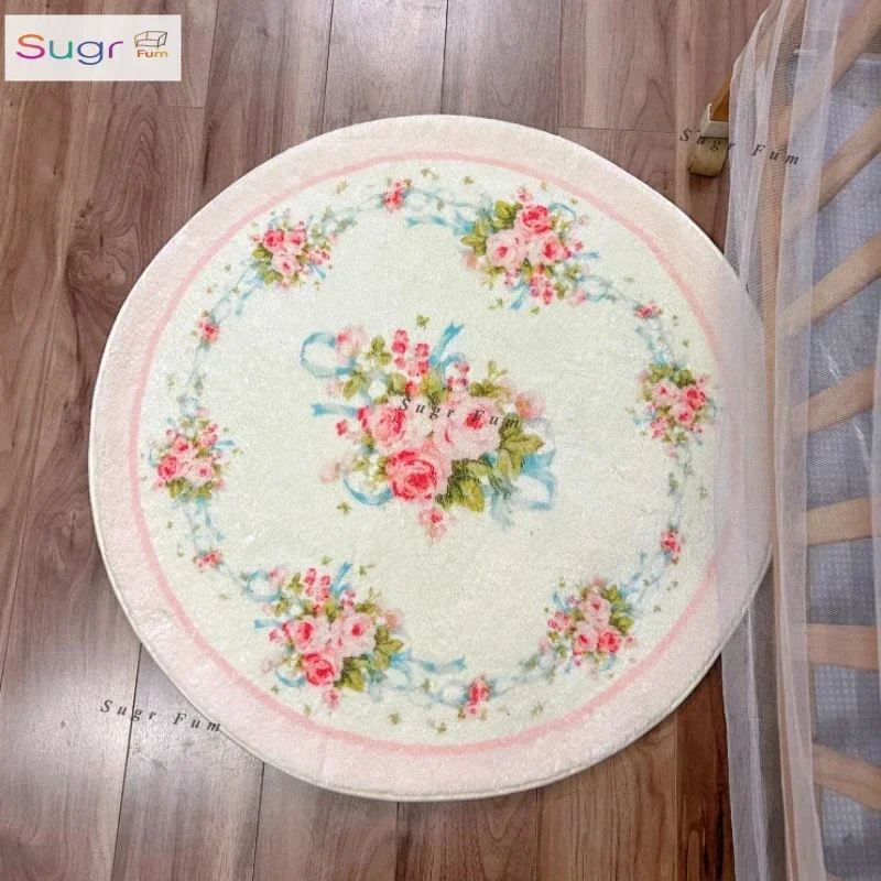 

Round Retro Rose Carpet Soft Plush Bedroom Rug Living Room Desk Carpet French Exquisite Home Decoration Pink Pastoral Floor Mat