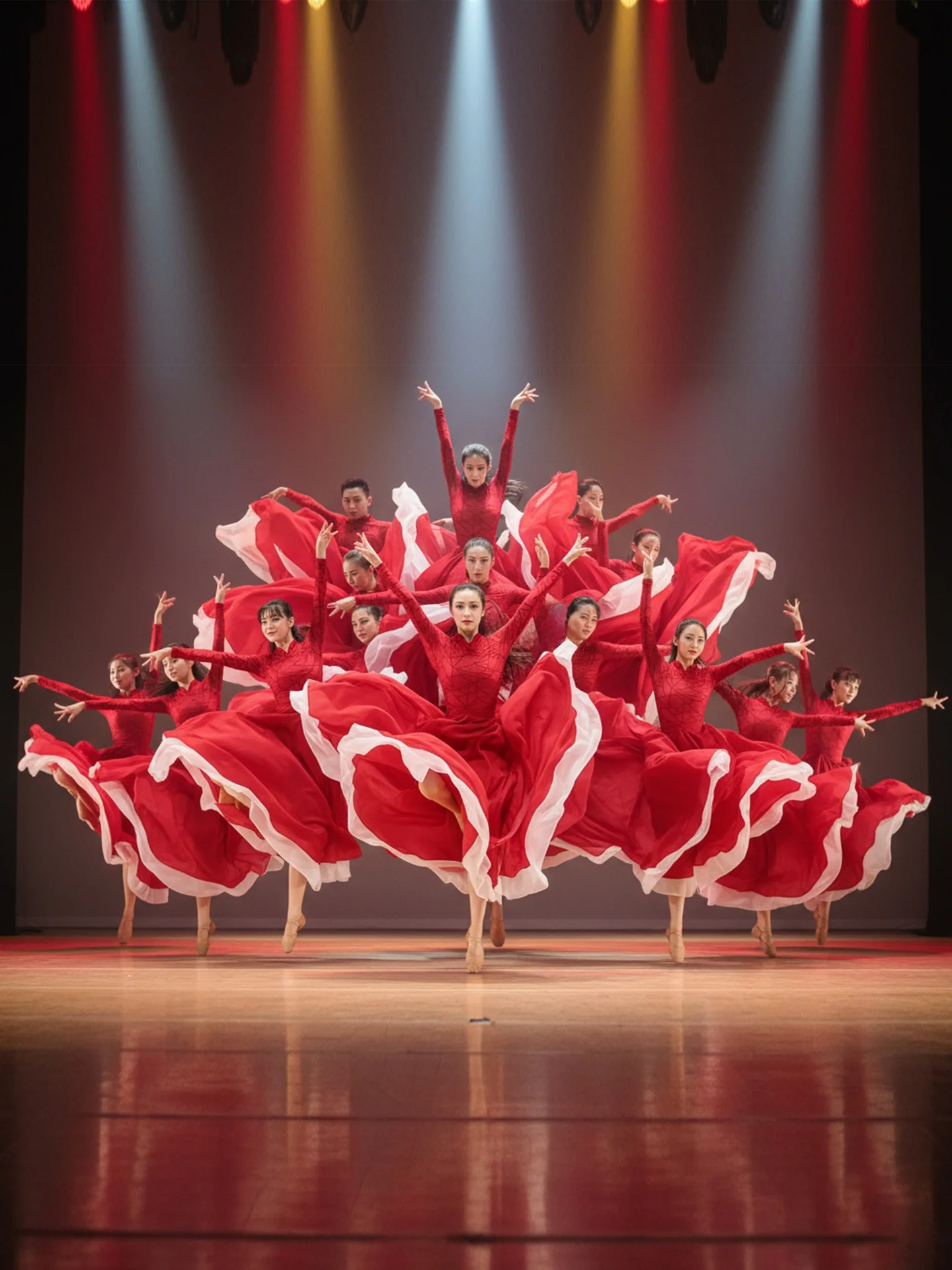 

Красный классический танцевальный костюм Jinchen: Этническая одежда для выступлений с большой юбкой, яркая, расшитая, пышная юбка-солнце