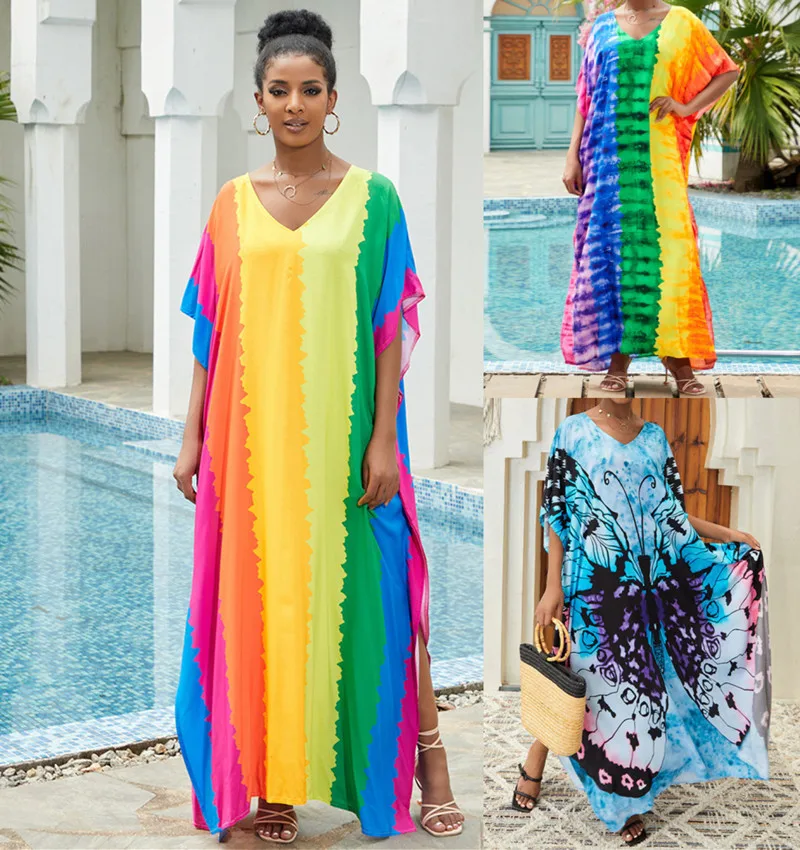 فضفاض بوهو الفراشة طباعة ماكسي فستان المرأة شاطئ تونك بيكيني التستر عادية حجم كبير النساء بحر قفطان الغطاء