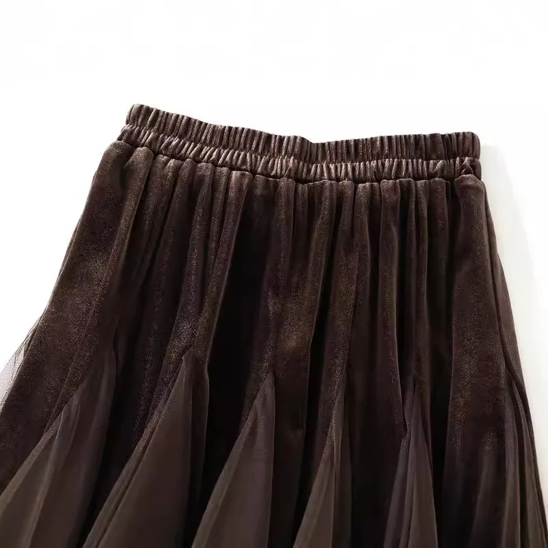 Осень-зима 2023, бархатные сетчатые лоскутные юбки-миди, женские повседневные элегантные длинные юбки с высокой талией в корейском стиле
