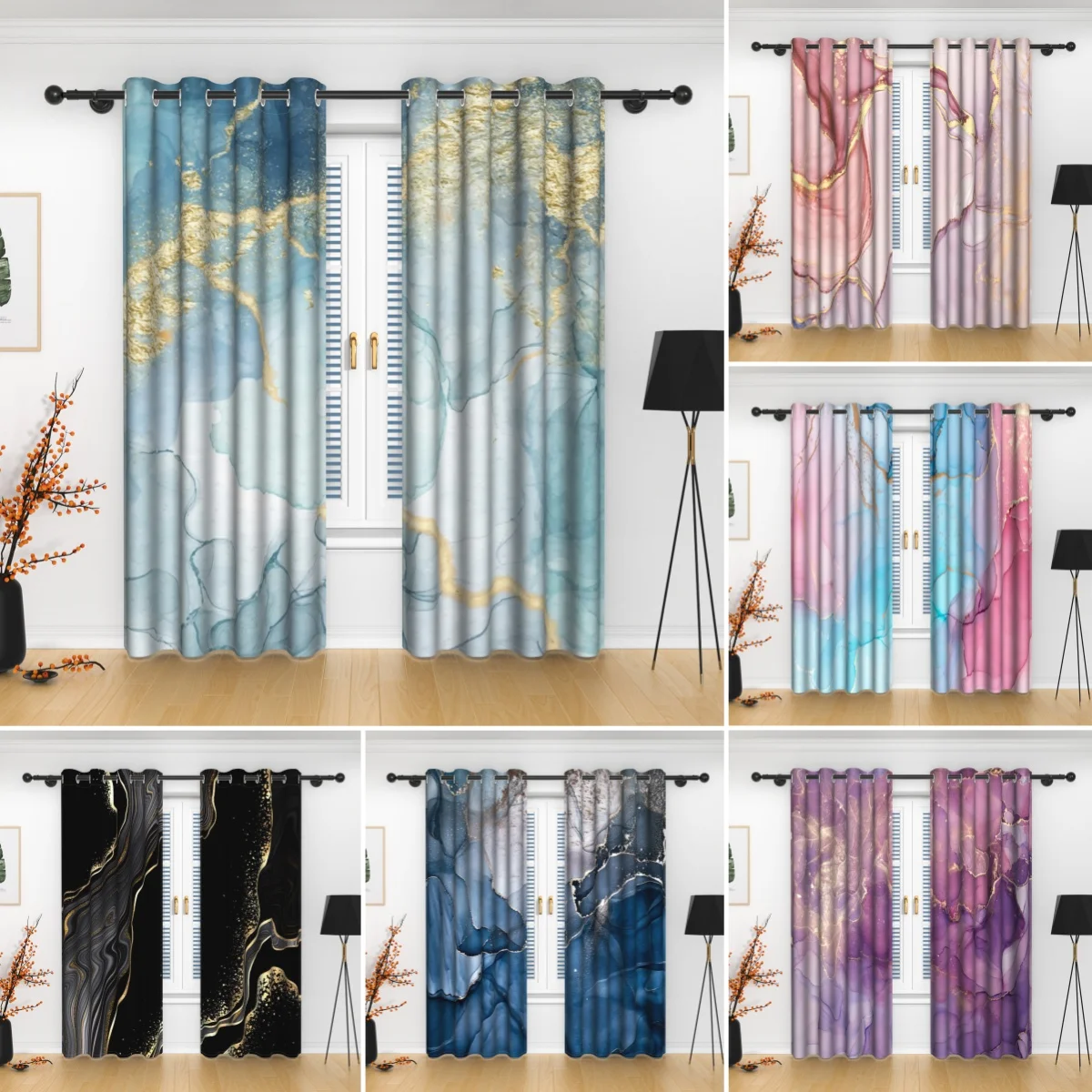 Marble Pattern Curtains Elegant Luxury Window Blue Gold Black Gold Thermal Insulated Blackout Living Room Bedroom Decor Curtain