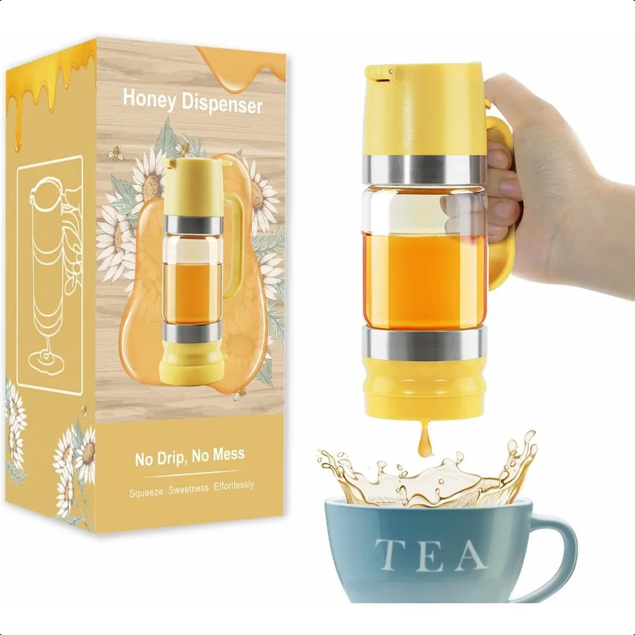 

Диспенсер для меда Neodaco без капель с подставкой Стеклянная банка для меда на 9 унций Диспенсер для сиропа для кофе или чая Легко использовать одной рукой Желтый