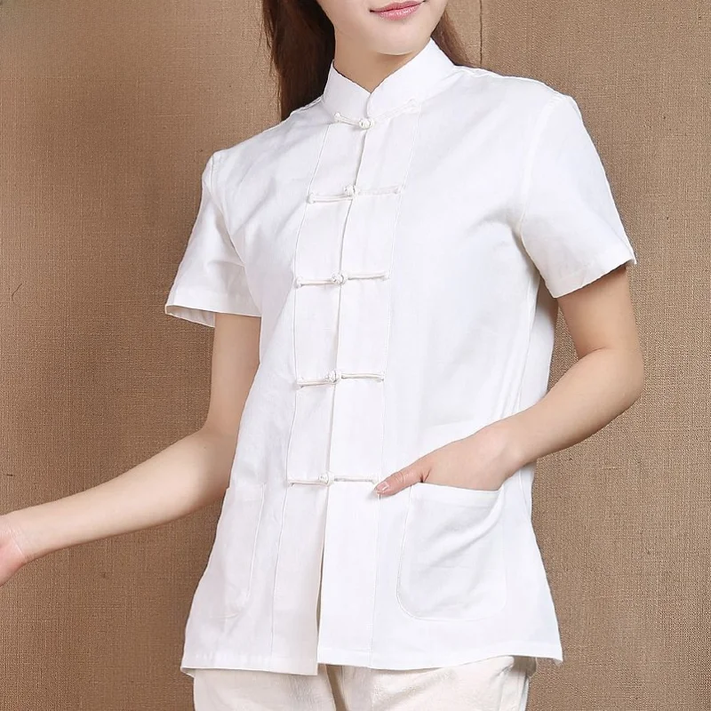 Summer Chinese Style Cotton Linen Embroidered Tea Person Loose Sleeve Slimming Top Buttoned Tang Costume Long Sleeve Casual Wear