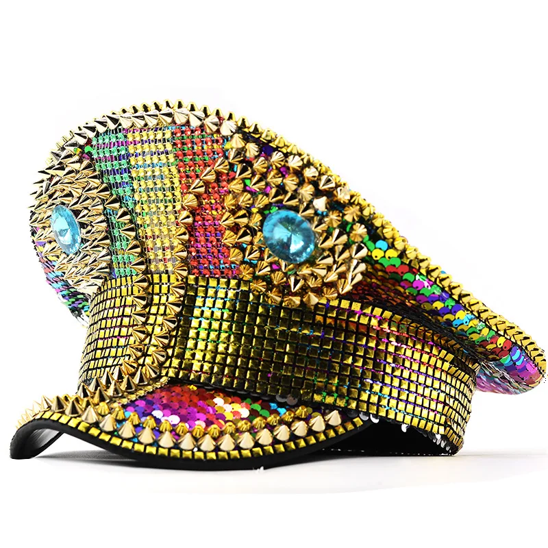 European And American Performance Diamond Hat Party Women's Rhinestone Large Cap Navy Hat Captain Hat White Stage Hat