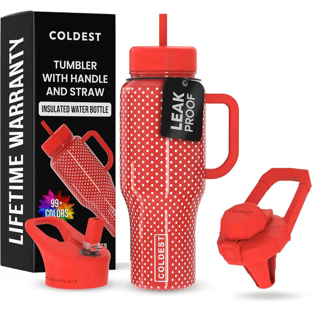 

Leak-Proof Insulated Stainless Steel Tumbler with Handle, Straw, and 3 Lids - 36 oz Red Dress Design for Men & Women