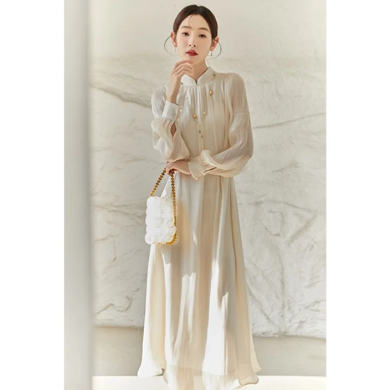 

Women's Dress 2024 Autumn Spring Elegant High End Retro Chinese Standing Neck Long Sleeved Simple Daily Dress Clothing