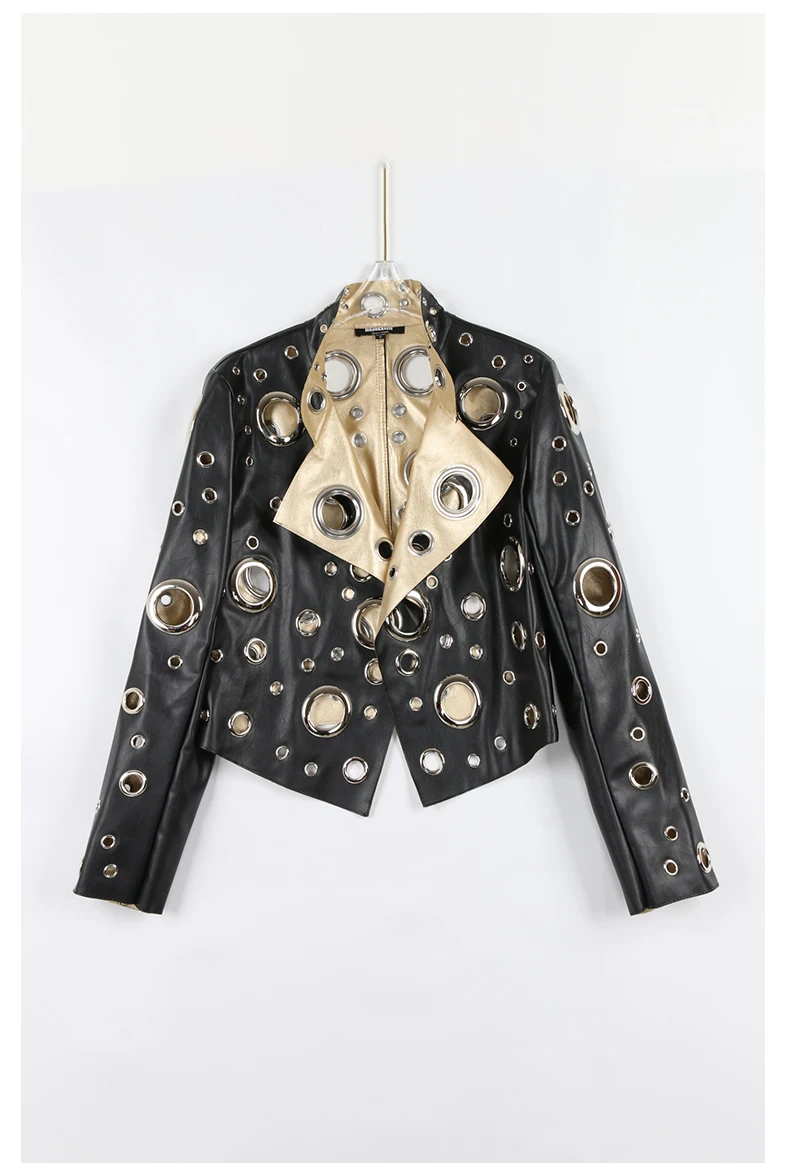 Nerazzurri Spring Autumn Short Hollow Out Pu Leather Jacket Women Rivet Cool Stylish Luxury Designer Clothes Runway Fashion 2024