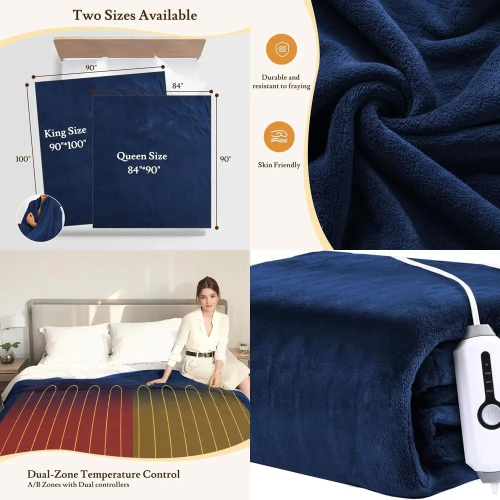 

Queen Size Electric Blanket 84x90 - 4 Heat Levels, Dual Controls, 10H Timer, Soft Coral Fleece, Auto-Off, Dark Blue