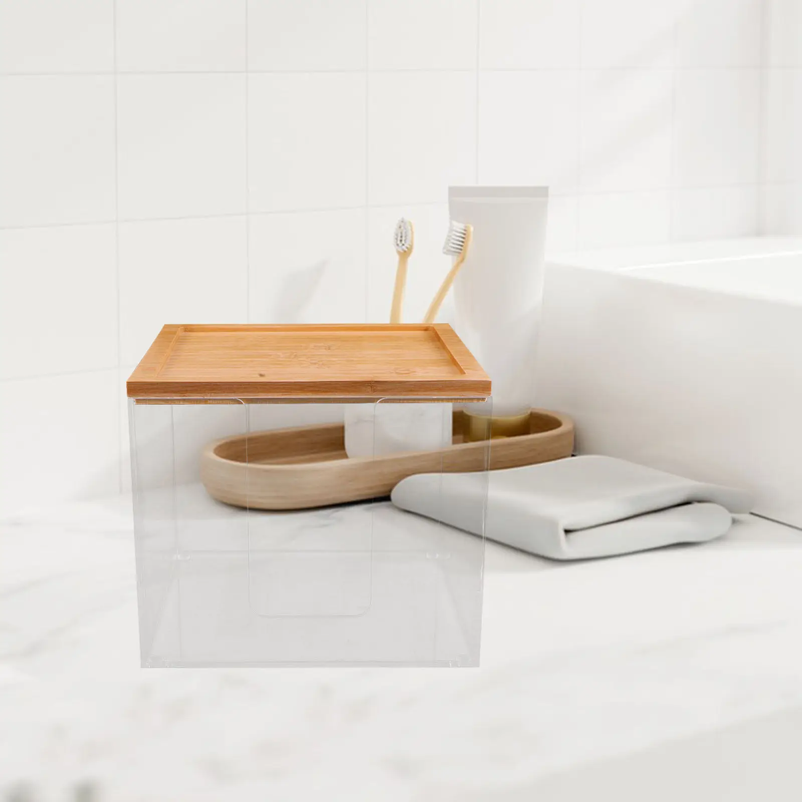 

Прямоугольный прозрачный держатель для салфеток из акрила с деревянной крышкой, органайзер для салфеток для ванной, кухни, спальни, офиса