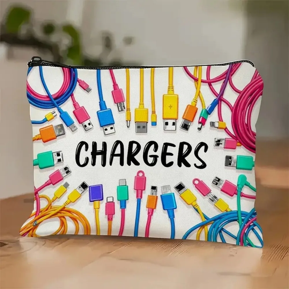 

New Canvas Charger Storage Pouch Print Design Large Capacity Electronics Bag Zipper Closure Cosmetic Organizer Travel Use