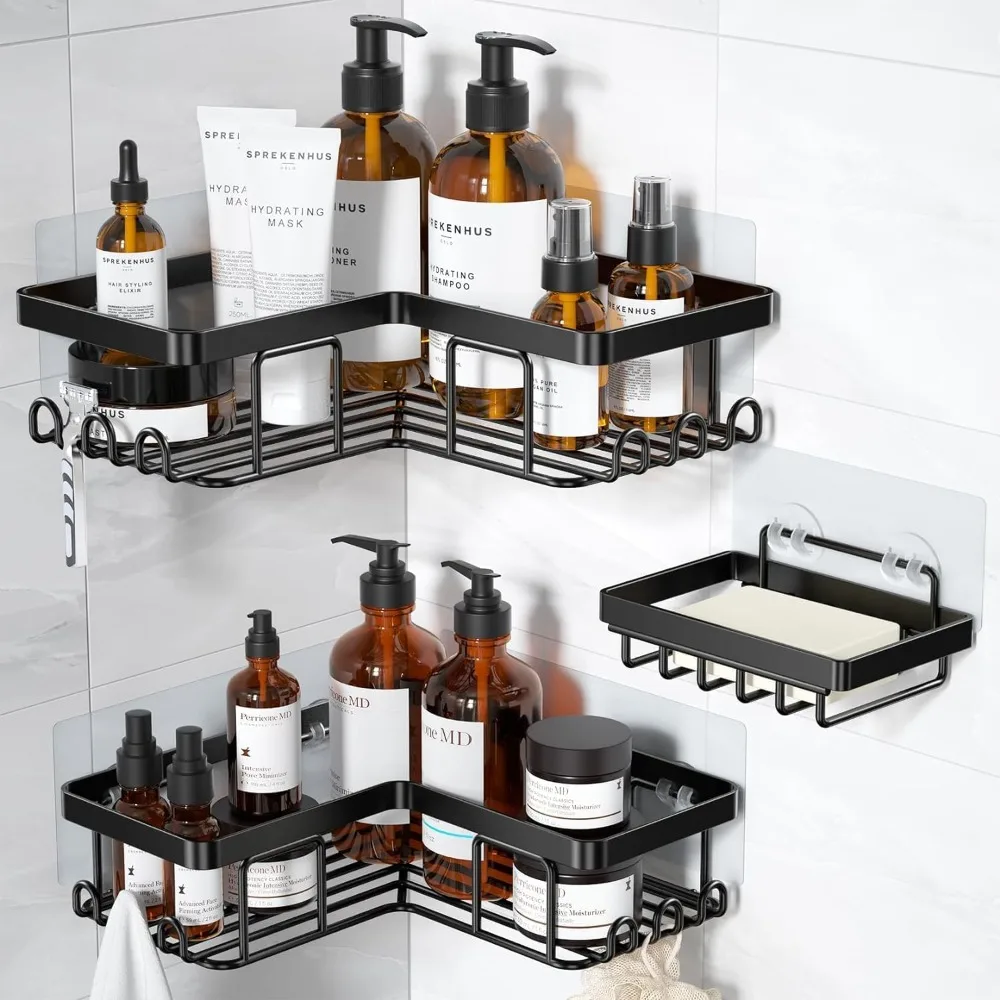 

Corner Adhesive Shower Caddy, with Soap Holder and 12 Hooks, Rustproof Stainless Steel Bathroom Organizer