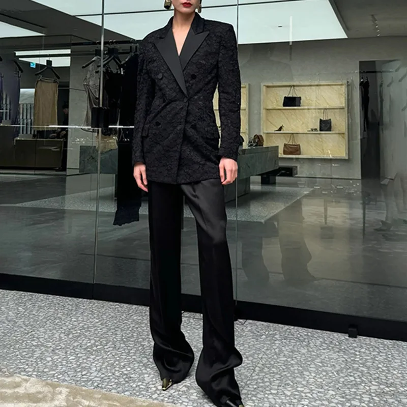 HKSH Frühling Herbst Neue Frauen Blazer Jacquard Spitze Patchwork Zweireiher Slim Fit Elegante Temperament Ins Chic Jacke HK11840