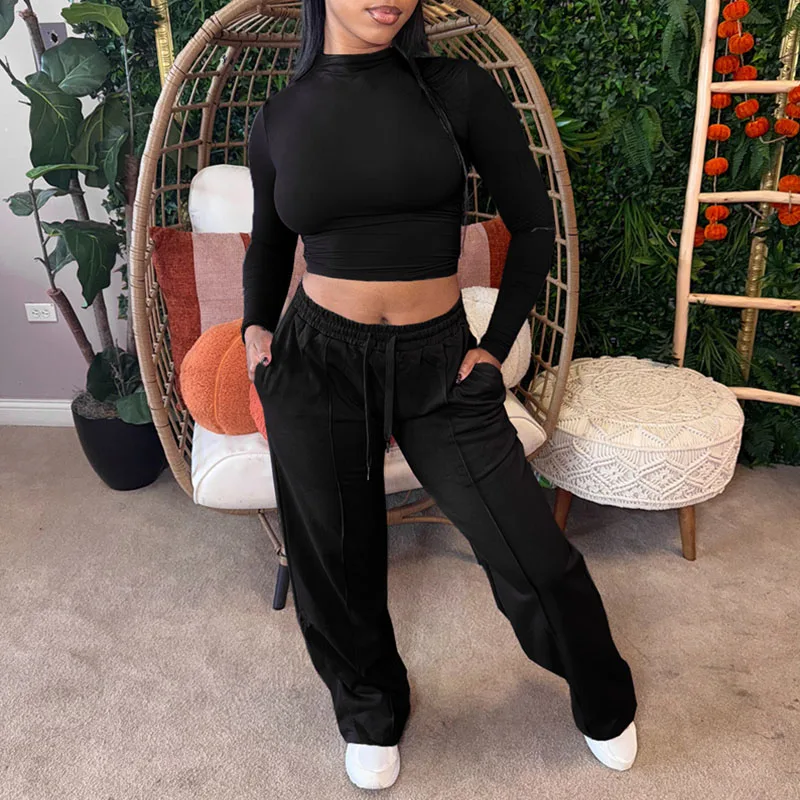 Doyerl Solid Two Piece Set Woman Tracksuit Sports Fitness Skinny Long Sleeve Crop Top and Sweatpants Sweatsuits Jogging Femme