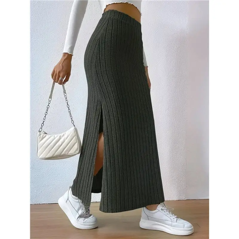 ABRW-Female's Solid High Waist Split Side Rock Lässige gestrickte Maxiröcke Bequemes, figurbetontes Kleid