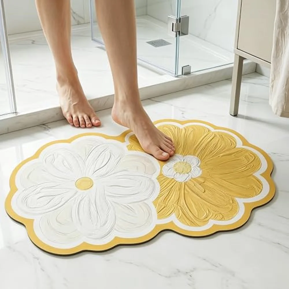 Yellow Daisy Shaped Bath Mat, Faux Leather Non Slip Bathroom Rug, Super Absorbent & Easy Clean Shower Mat for Tub, Shower, Bathr