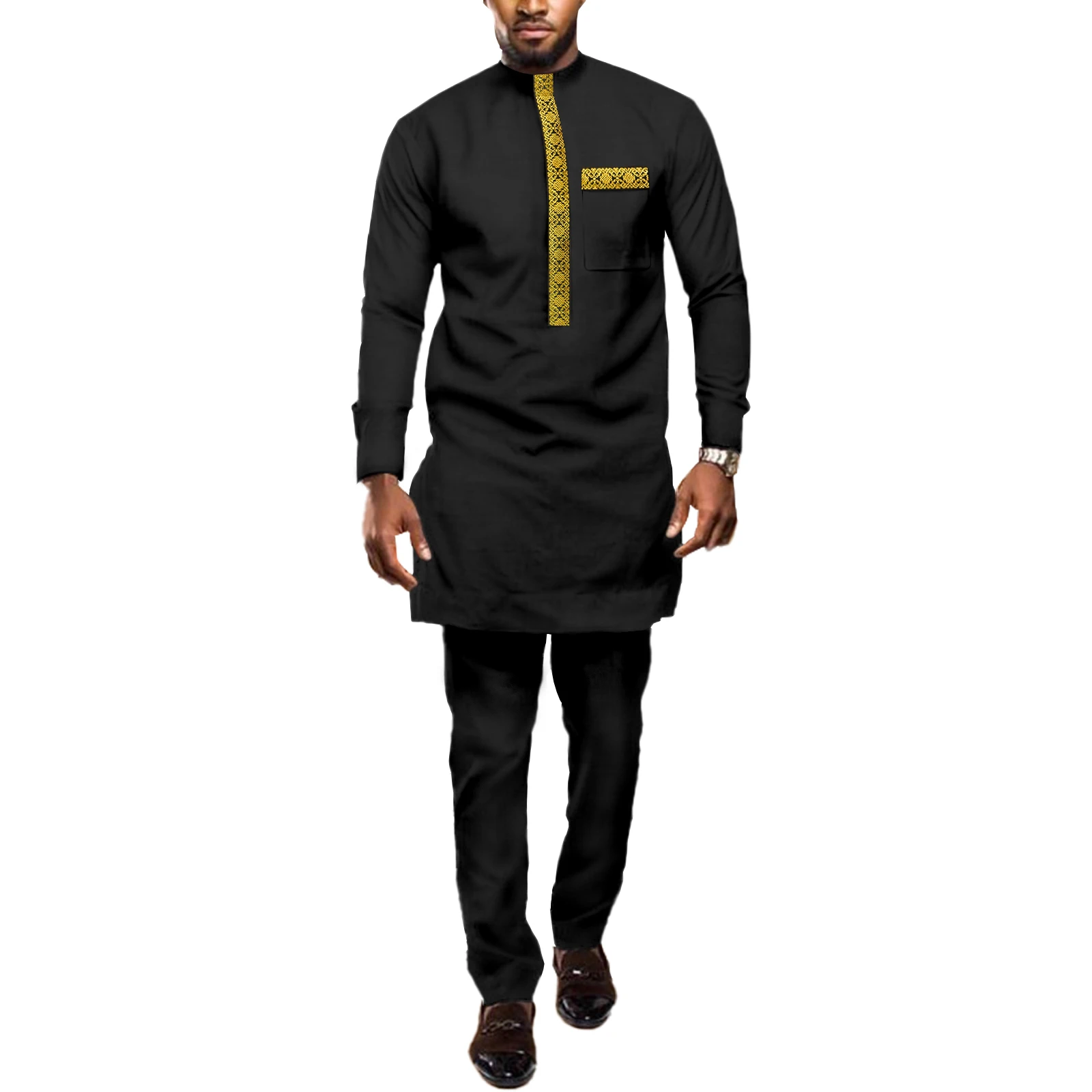 African Suits for Men 2 Pieces Long Sleeve Jacquard Dashiki and Pants Traditional Attire Set for Parties