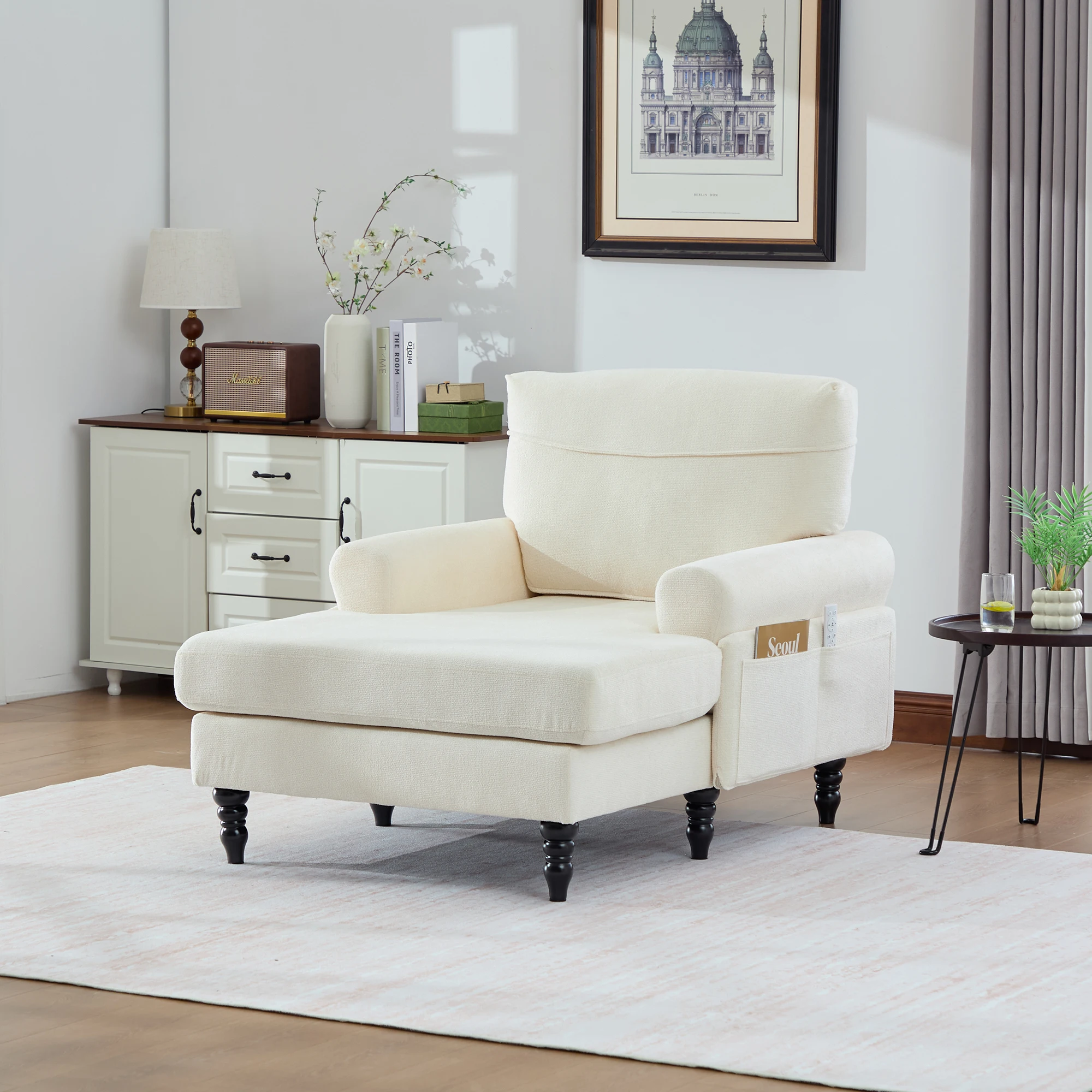 Moderner minimalistischer Samt-Loungesessel, Schlafzimmer-Einzelsofa mit Holzbeinen, bequemer Rückenlehne und Armlehnen – Detail 1