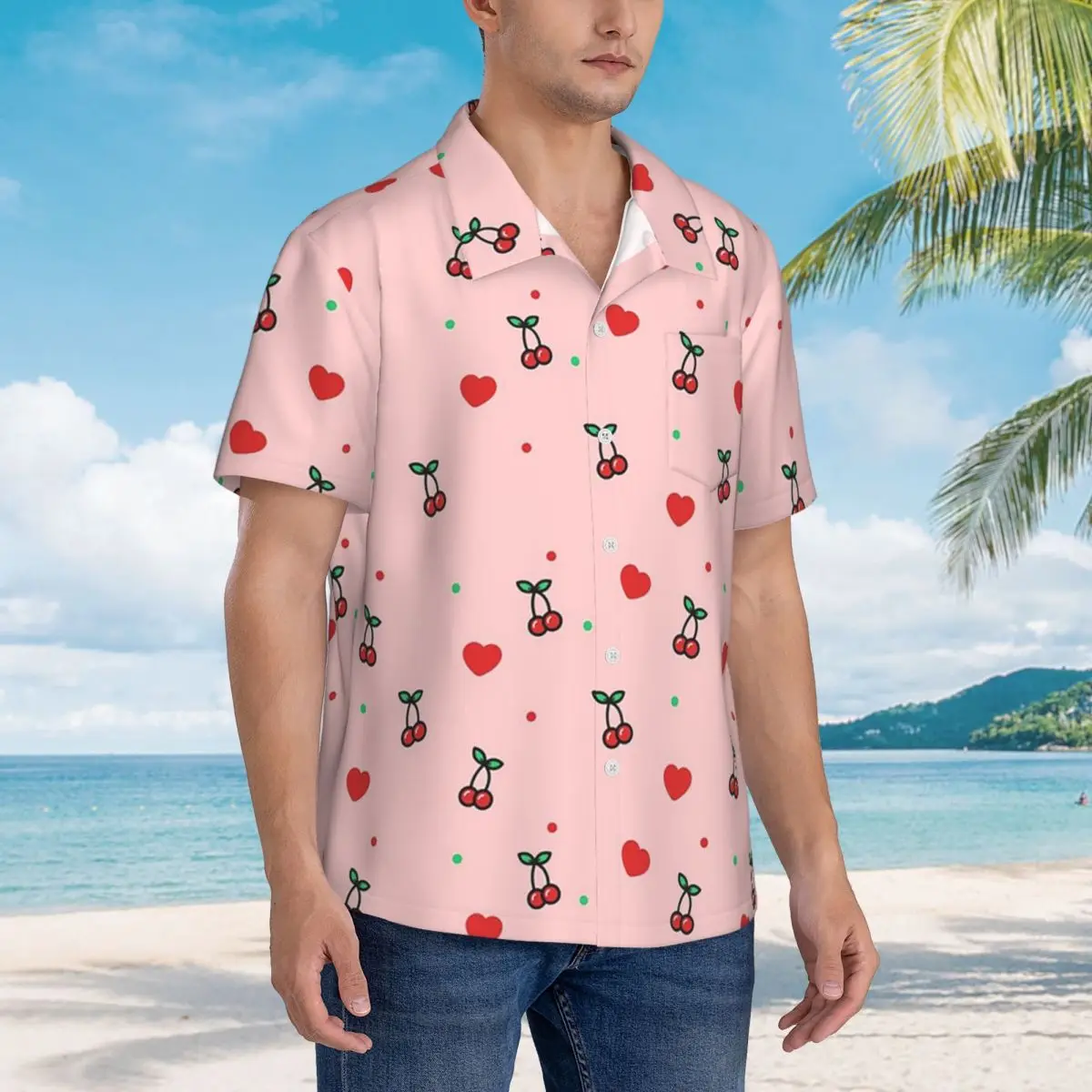 Cherry Heart Design Pattern With Pink Background Hawaiian Shirts Fashion Men Short Sleeve Shirt Summer Beach Men's Lapel Tops