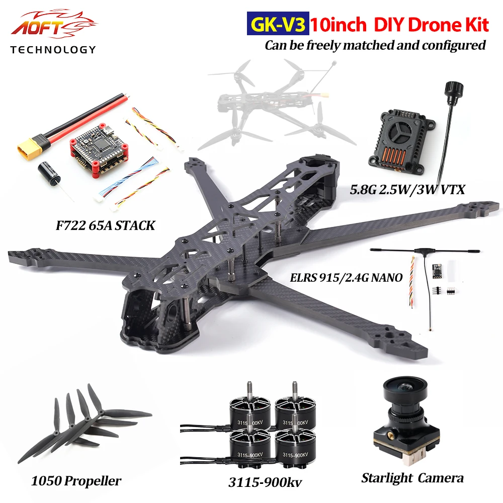 

GK-V3 435 мм 10-дюймовая рама из углеродного волокна 1050 Пропеллер 65A 4-в-1 ESC 3115 900KV Двигатель 5,8G 2,5 Вт/3 Вт VTX DIY Дрон Комплект для RC Drone