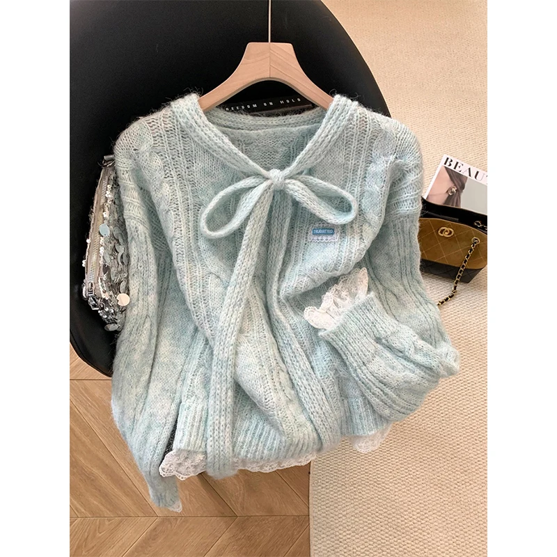 

Милый свитер с бантом, женские модные кружевные лоскутные вязаные пуловеры, корейский трикотаж на шнуровке, осенне-зимние джемперы с длинными рукавами, новинка