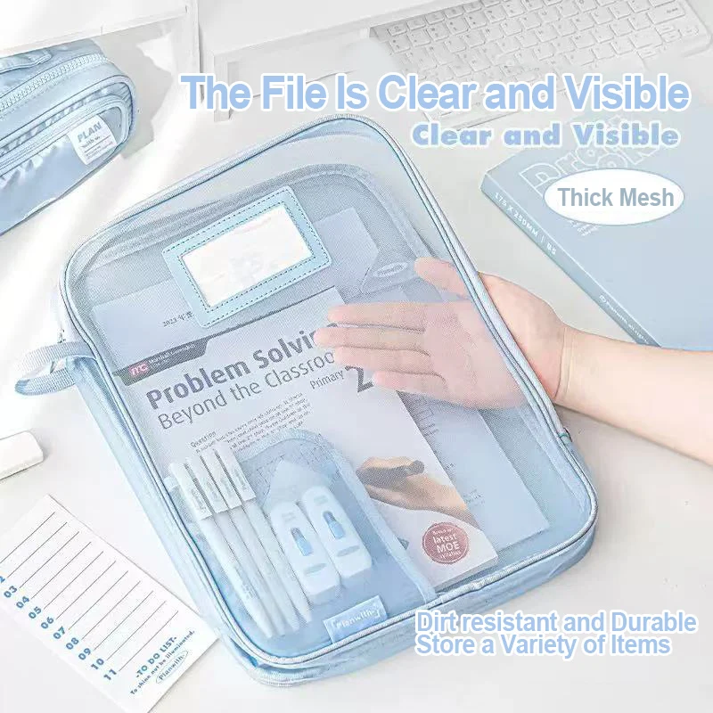 حقيبة ملفات على شكل حرف L بسحاب سعة كبيرة للطلاب، ورق اختبار محمول، تصنيف شبكي، حقيبة أدوات مكتبية #3