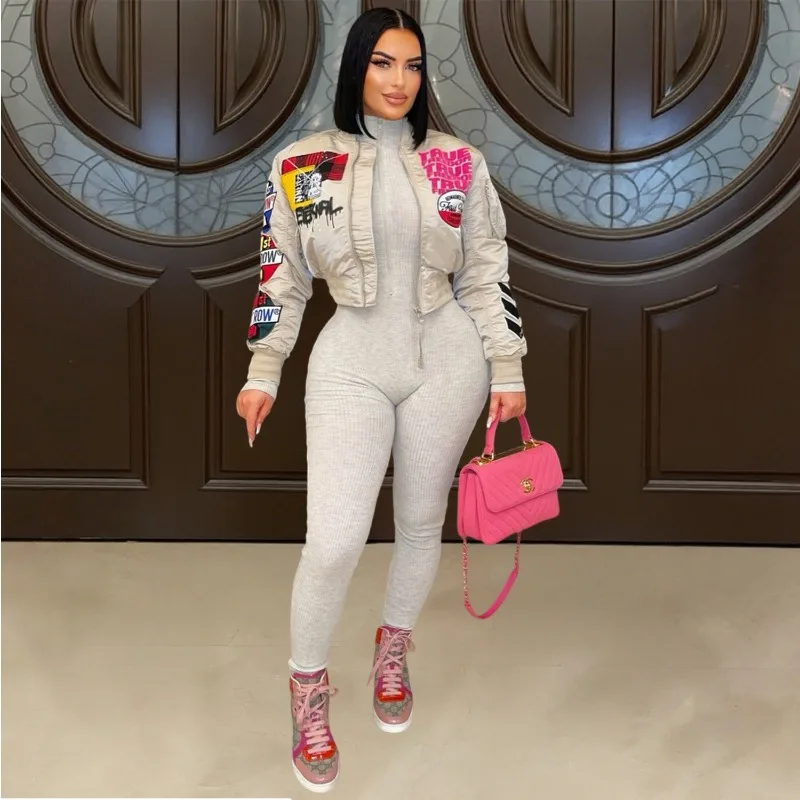 

Letter Print Women Casual Varsity Jackets O Neck Ruched Long Sleeve Zipper Slim Coat Y2K Streetwear Outwear Fashion Tops