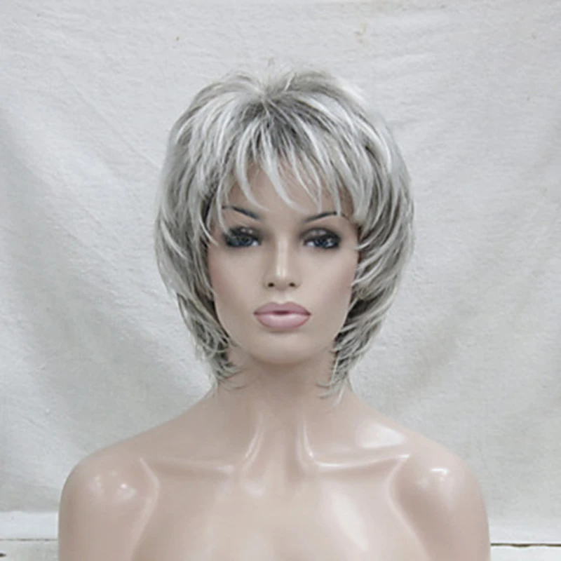 HAIRJOY Synthetic Hair Wig Curly  Pixie Cut  Layered Haircut  With Bangs  Highlighted  Balayage  Gray Wig