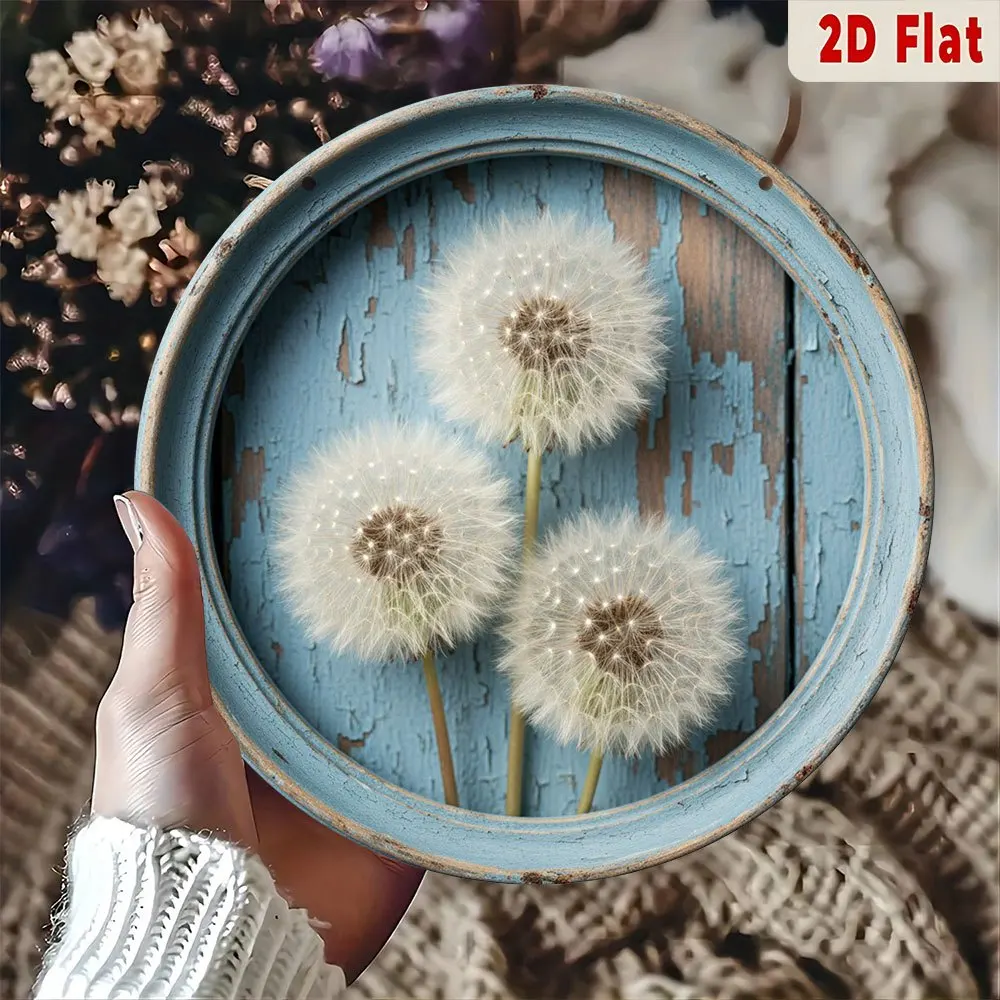 2D Flat, 2D Flat Vintage Country Blue Metal Wall Art Sign with Three Dandelion Flower Heads - 2D Flat Hanging Home Decor, Durabl