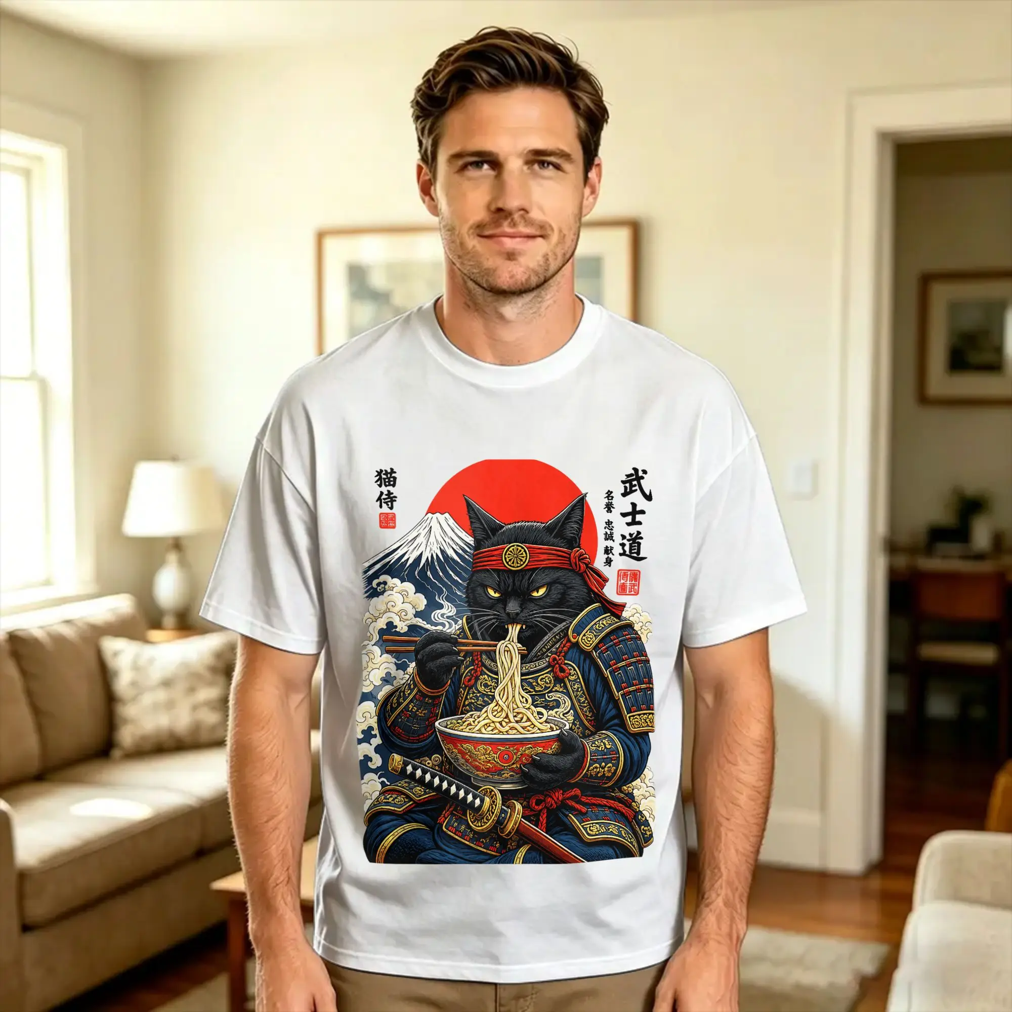 Übergroßes T-Shirt Schwarze Katze Samurai Isst Ramen Lustiges Japanisches Katzenkrieger Baumwoll-T-Shirt Freizeit-T-Shirt für Herren – Detail 1