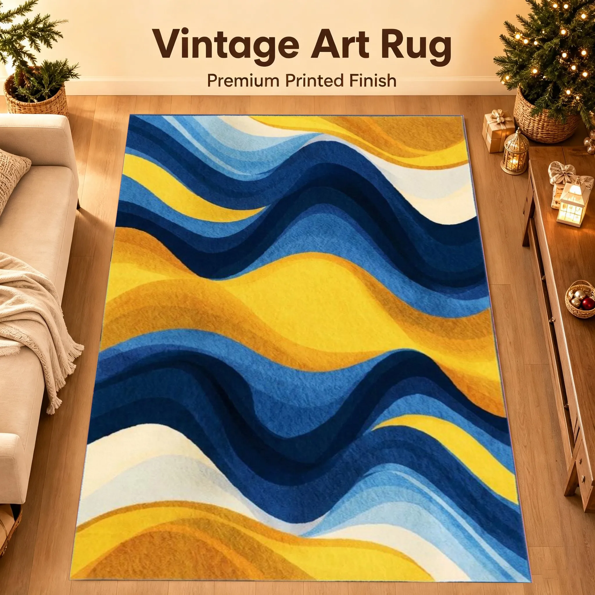 Large Area Rug Yellow Blue Gradient Wave Print Modern Light Luxury Style Soft Velvet Living Room Bedroom Home Decor Area Rug