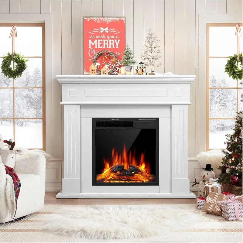 Mantel Package Freestanding Fireplace Heater Corner Firebox with Log & Remote Control,750-1500W,Pear