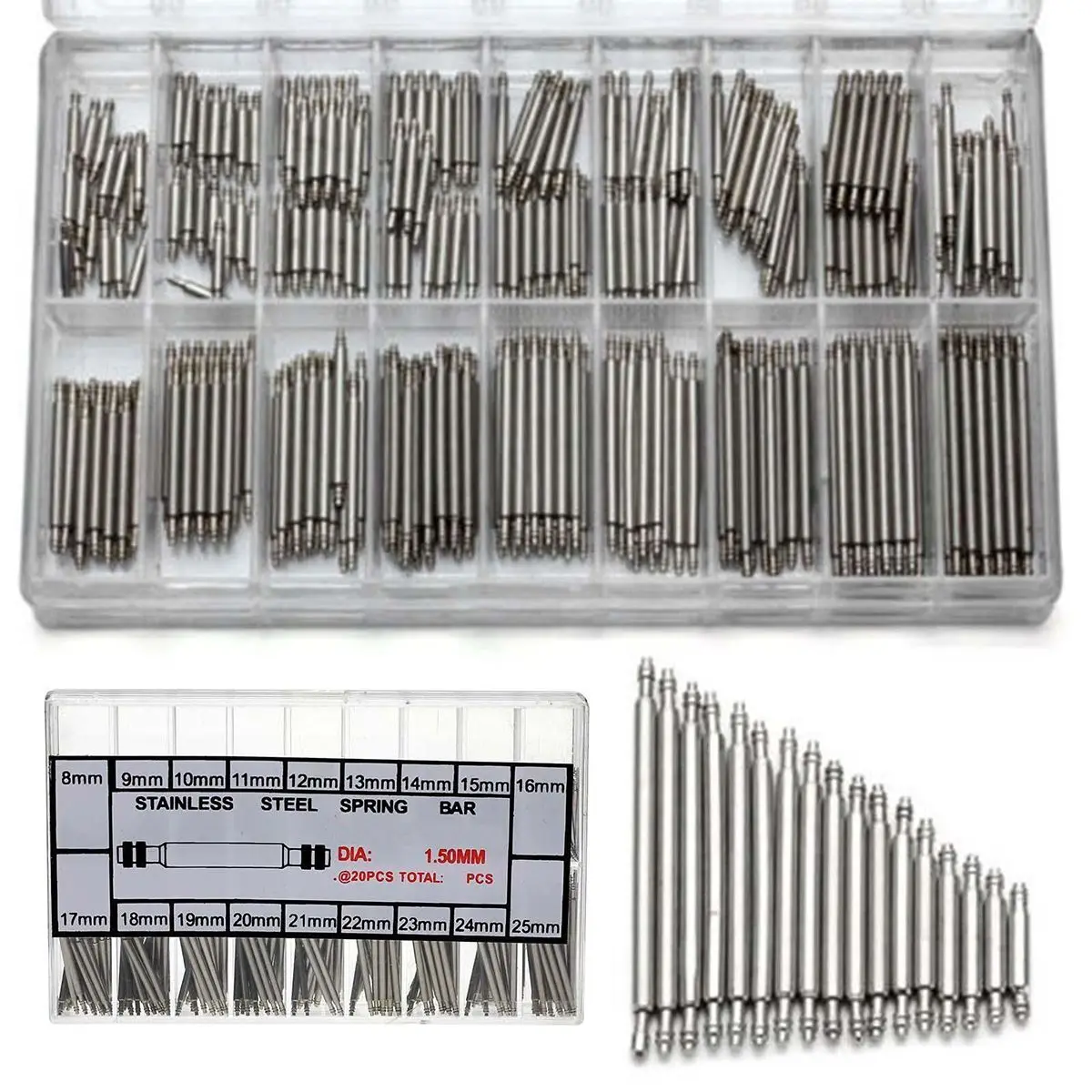 

360pcs Stainless Steel Spring Bars Watch Band Pin Remover Tool 18 Sizes 20 Pieces Each Silver 1 5mm Diameter Repair Tools Metal