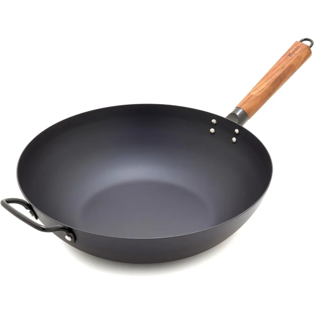 

Carbon Steel Wok 12”, Flat Bottom, Durable Stir-Fry Pan, Pre-Seasoned Nonstick Patina, High Heat Retention, Induction