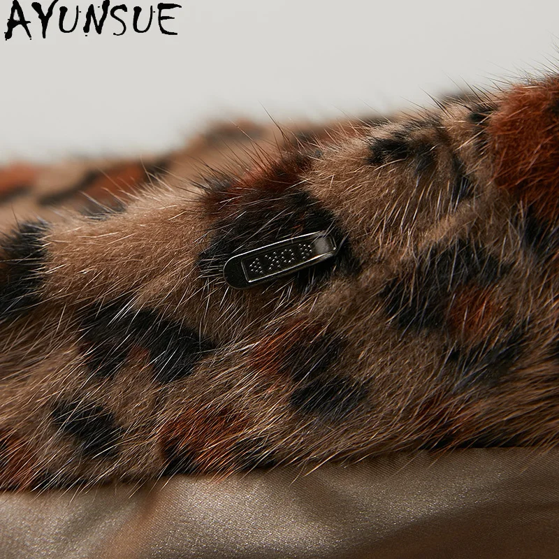 AYUNSUE Prawdziwy Płaszcz z Futra Norki Damski Luksusowe Płaszcze z Prawdziwego Futra Modne Płaszcze Damskie w Leopardzi Wzór Zimowa Kurtka Шуба Женская