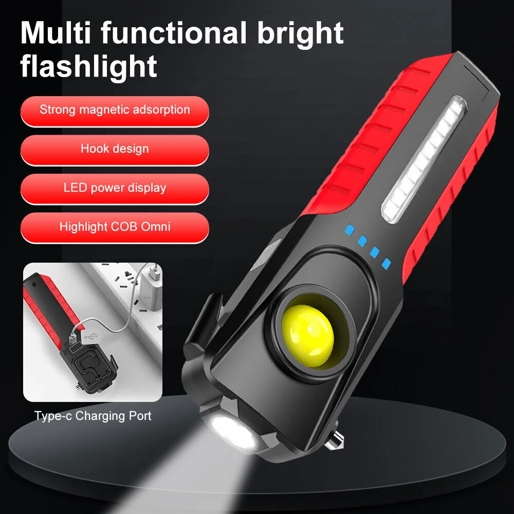 USB Charging Super Bright LED Flashlight with Safety Hammer Side Light Torch Light Portable Lantern Outdoor Adventure Lighting