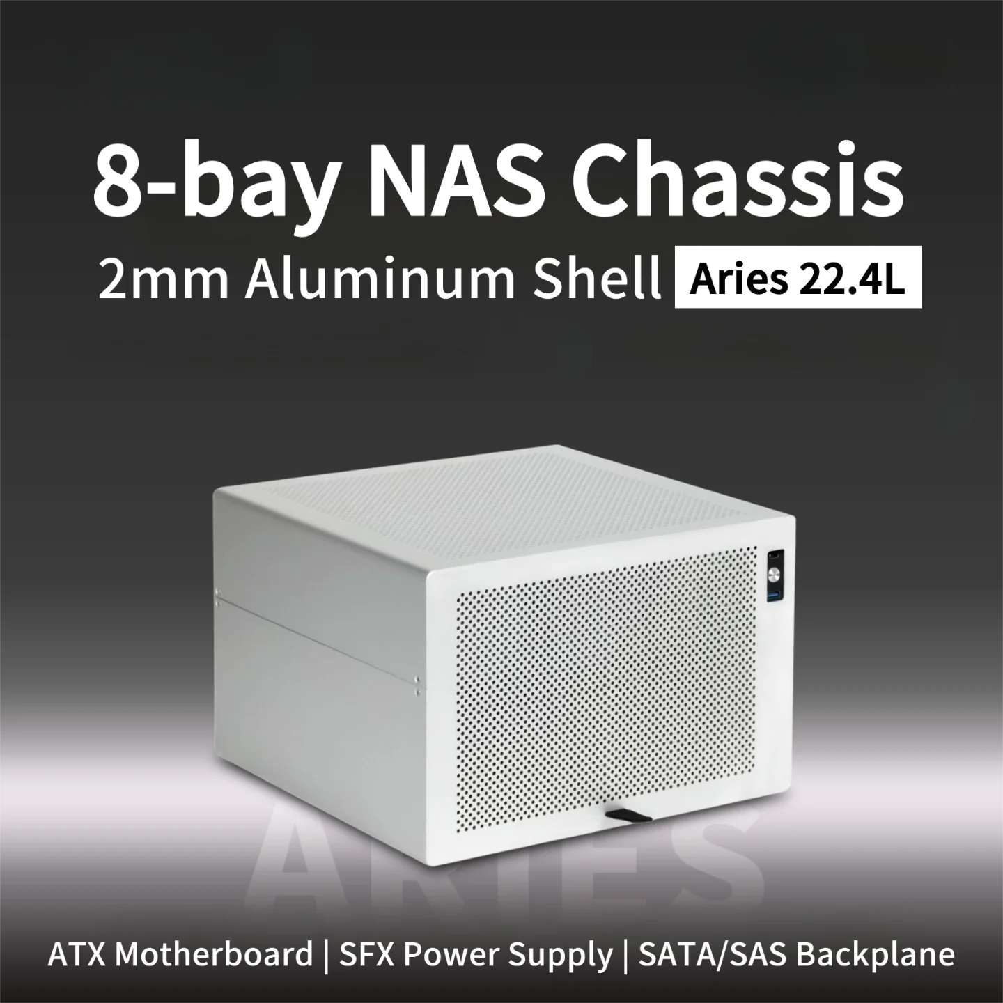 Aries 8-Bay NAS Vertical Chassis, 2mm Anodized Aluminum, ATX Motherboard | SFX Power Supply SATA/SAS Backplane