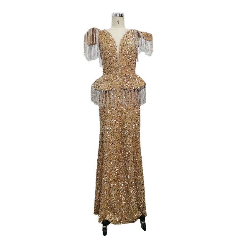 Robe de Soirée de Luxe à Paillettes Dorées pour Femme, Tenue Éducative Sexy, Col en V Profond, à la Mode, avec Perles et Pompons