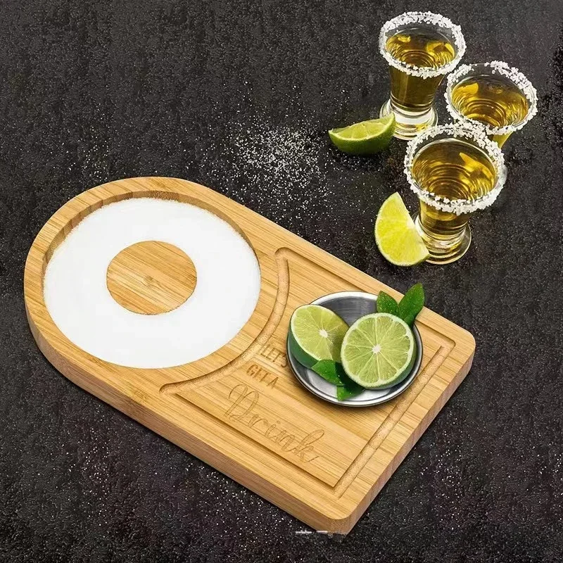 Margarita Salt Rimmer Reusable Bamboo Sugar Salt Rimmer Plate Spice Container Bartender Tool for Cocktail Margarita Bamboo Tray