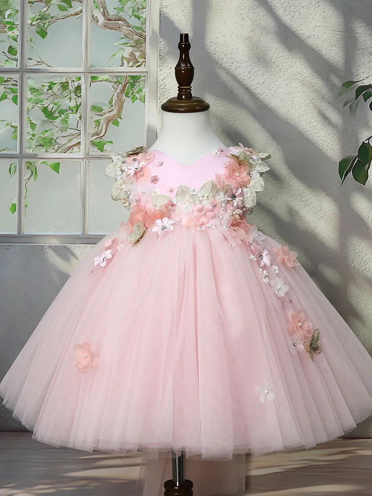Custom Cap Sleeve 3D Floral Beaded Tulle Luxury Dress Women Wedding Guest Gown Kids Birthday Party Outfit for Pageant Runway