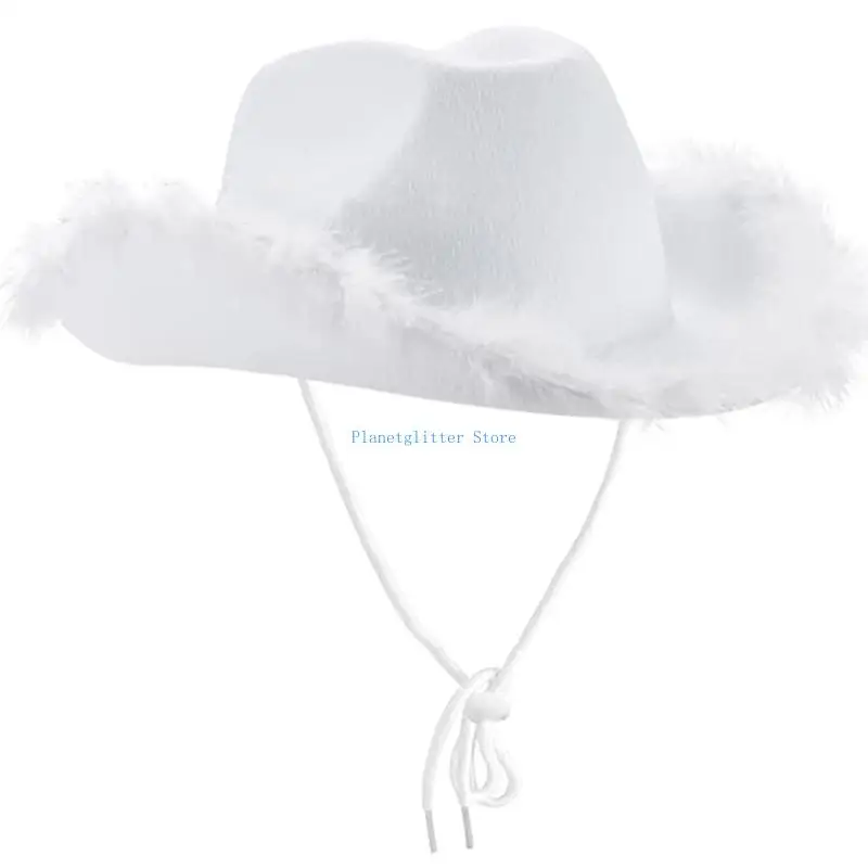 652B جميلة واسعة حافة قبعة راعية البقر الوردي منفوش ريشة حافة قبعة رعاة البقر كل مباراة ل كرنفال تأثيري الشارع اطلاق النار #5