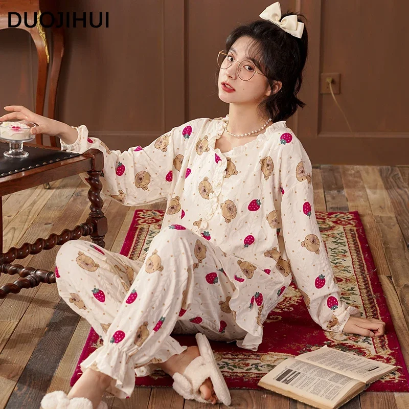 DUOJIHUI Two Piece Sweet Cute Printing Female Pajamas Set Autumn New O-neck Cardigan Fashion Pant Basic Simple Pajamas for Women