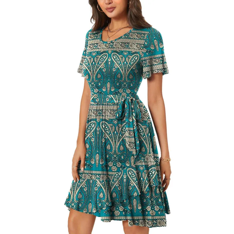 2023 Sommer Casual Boho Kleid Kurzarm O Hals Blumendruck Mode Kleid Lose Fit Midi Strandkleid für Frauen