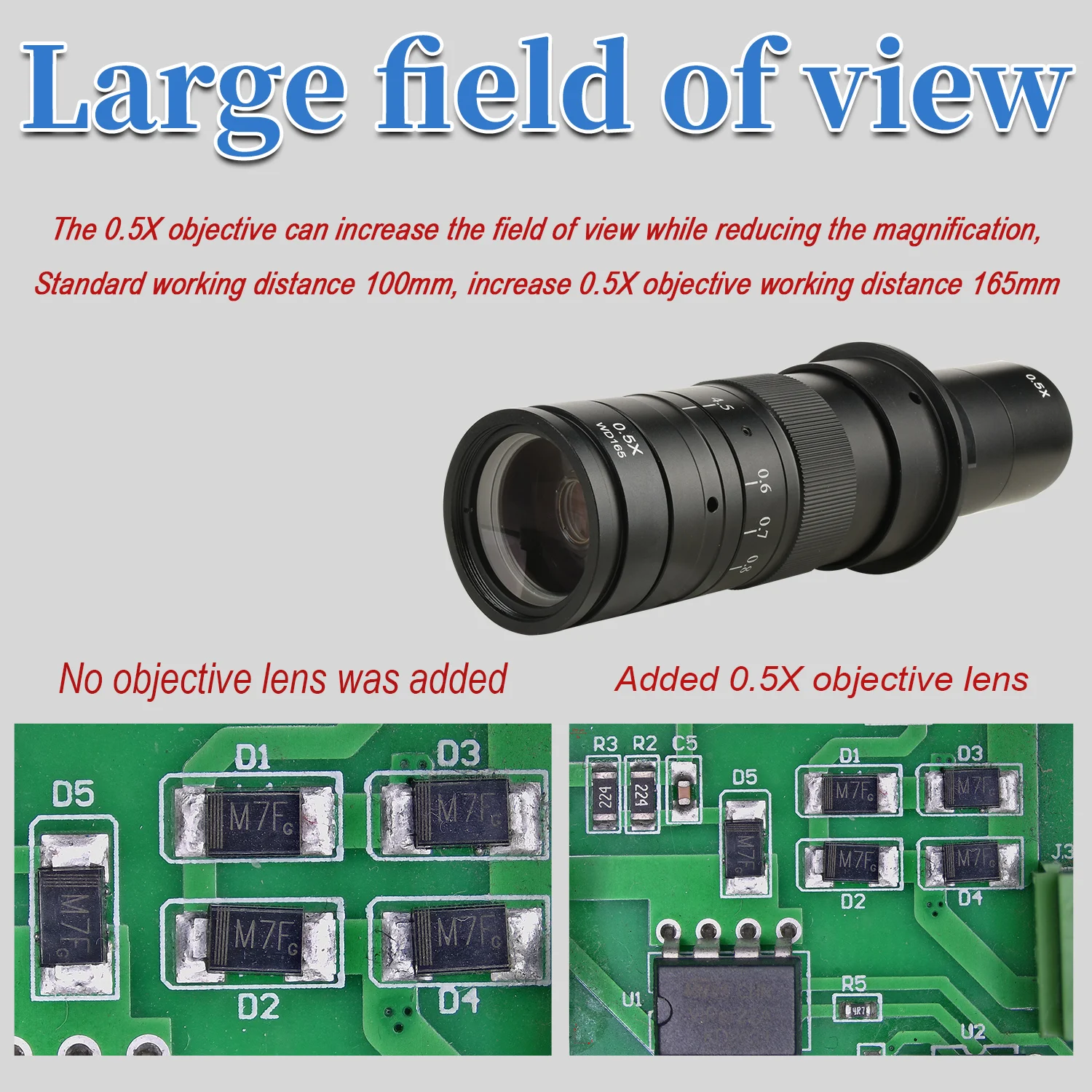 Objetivo auxiliar del microscopio KOPPACE 0.5X, distancia de trabajo de 165 mm, tamaño de conexión 42 mm