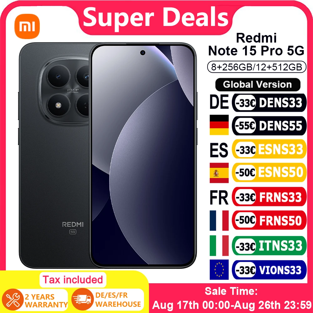 Version Globale Xiaomi REDMI Note 15 Pro 5G Smartphone 5G 6.83' 6580mAh Charge 45W Caméra Principale 200MP IP66 IP68 IP69 IP69K