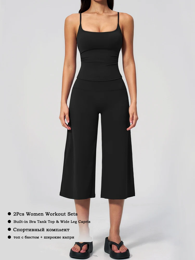 VITALINOVO Workout Sets for Women 2 Piece Backless Built-in Bra Tank Top High Waisted Wide Leg Capris Matching Set Yoga Outfits