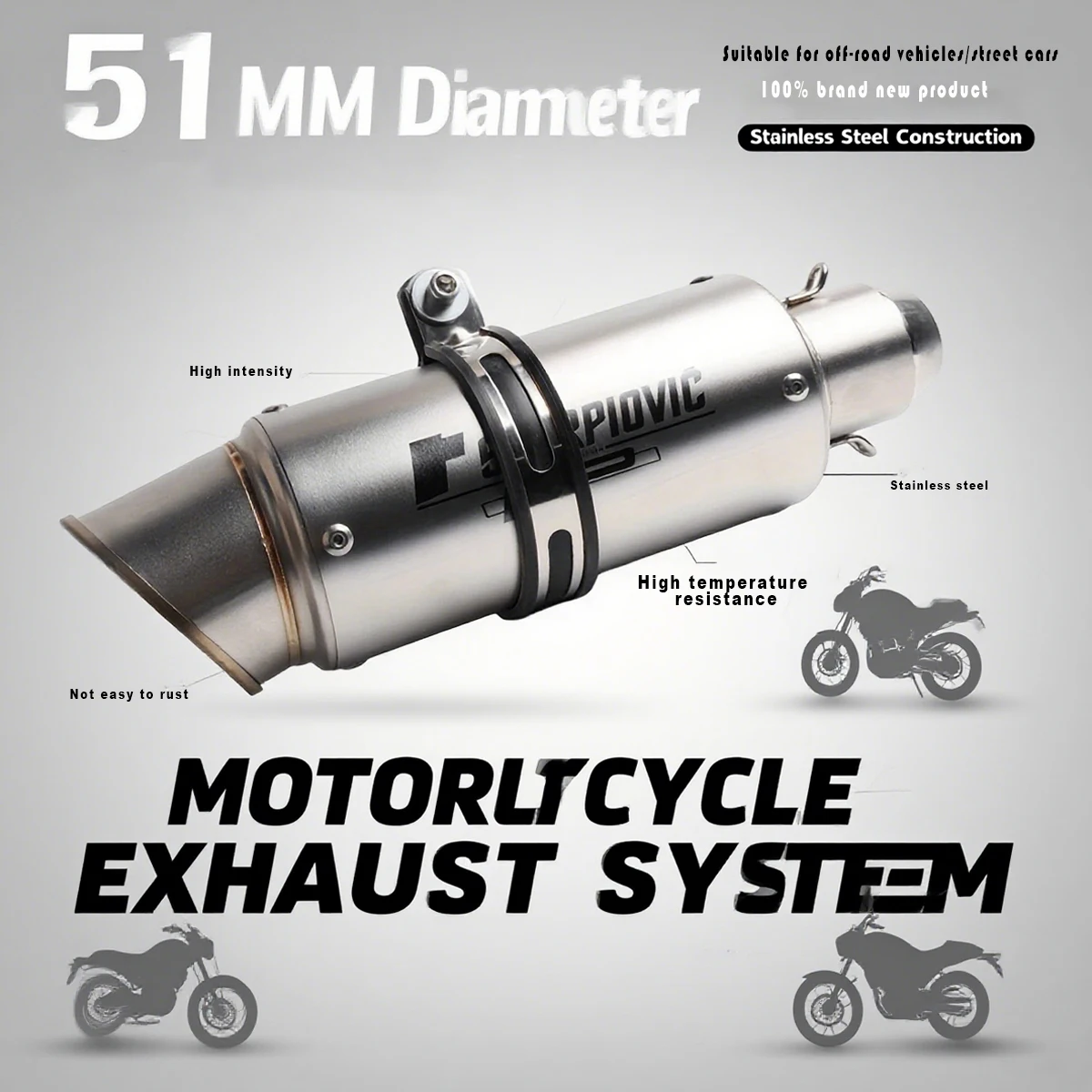 

Stainless steel motorcycle exhaust pipe for installation on most motorcycle/off-road vehicles, suitable for 51mm caliber.