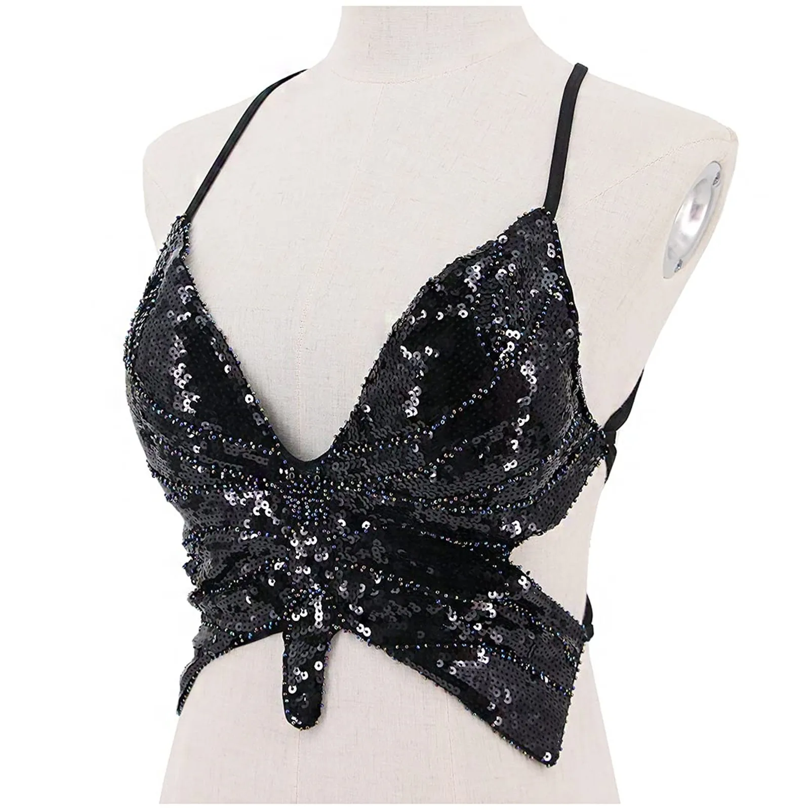 Y2k Butterfly Sequin Crop Top Women Summer Backless V Neck Sexy Club Costume Carnival Festival Clothes New Bandage Bra Tops