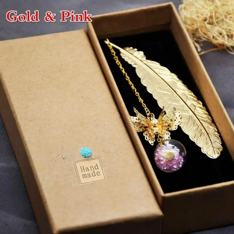 Retro Bookmark Feather Butterfly Creative Metal Bookmarks Stationery Gift Metal Feather Bookmark In Gift Box Packaging
