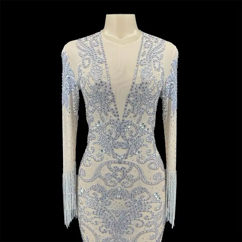 

Women's Sparkly Sequins Tassel Dress Silver Stones Prom Birthday Dance Outfit Female Singer Stage Evening Gown